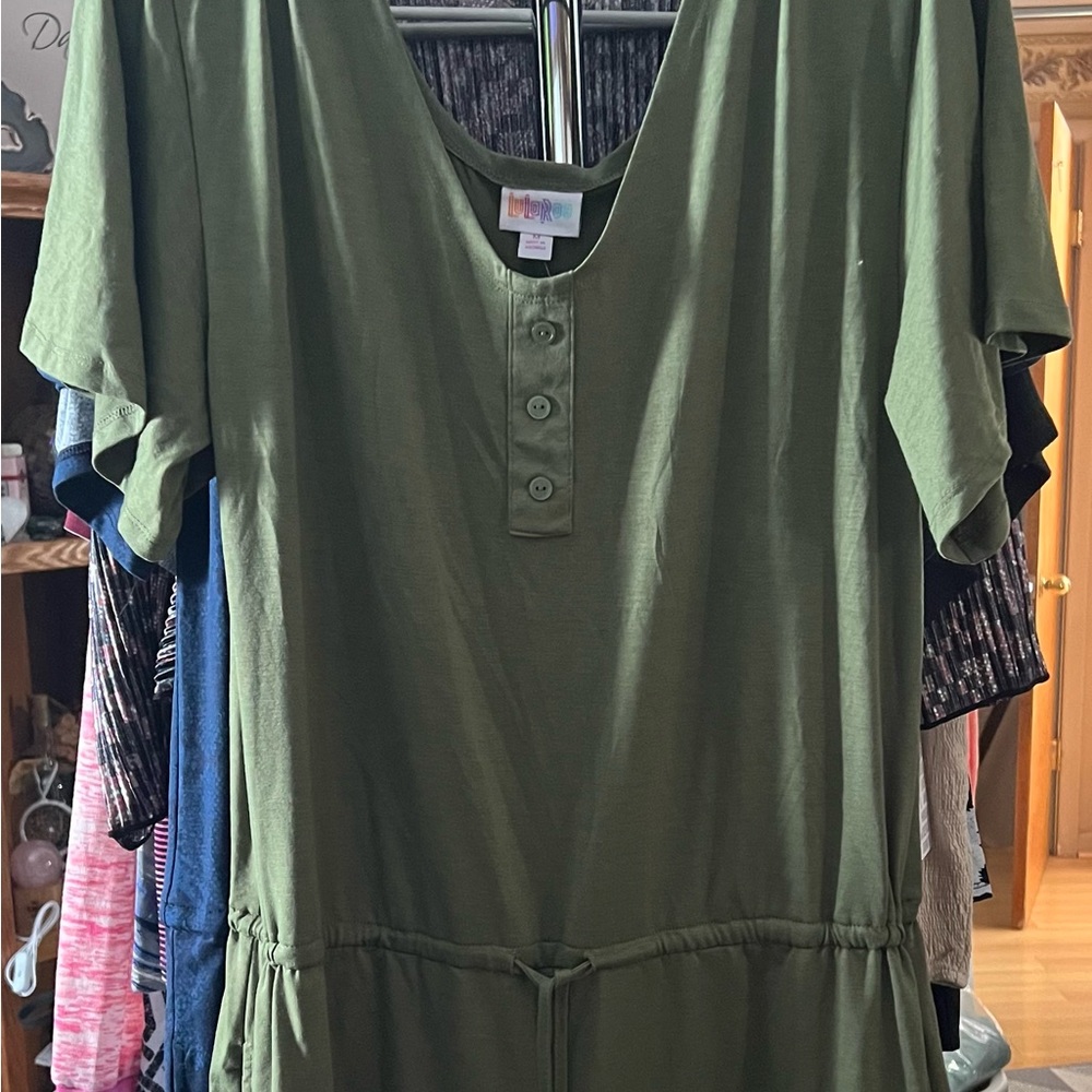 Brand new with tags, LuLaRoe Xanthe romper.  Size M (8-10), olive green